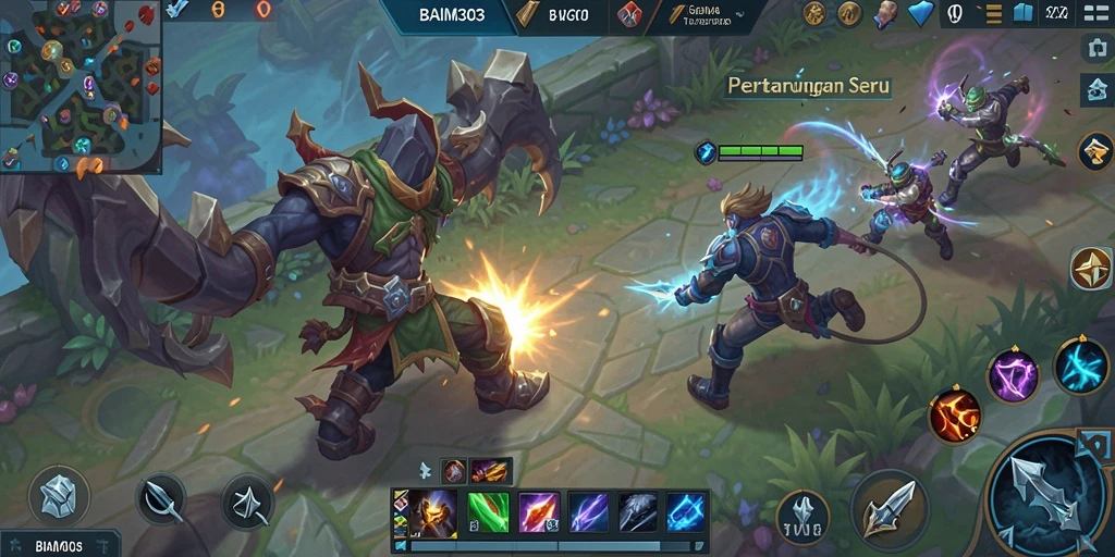 Screenshot utama BAIM303 menampilkan pertarungan seru antar hero MOBA.