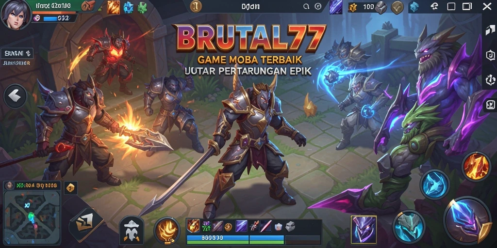 Tangkapan layar BRUTAL77 menunjukkan aksi pertempuran heroik di arena MOBA.