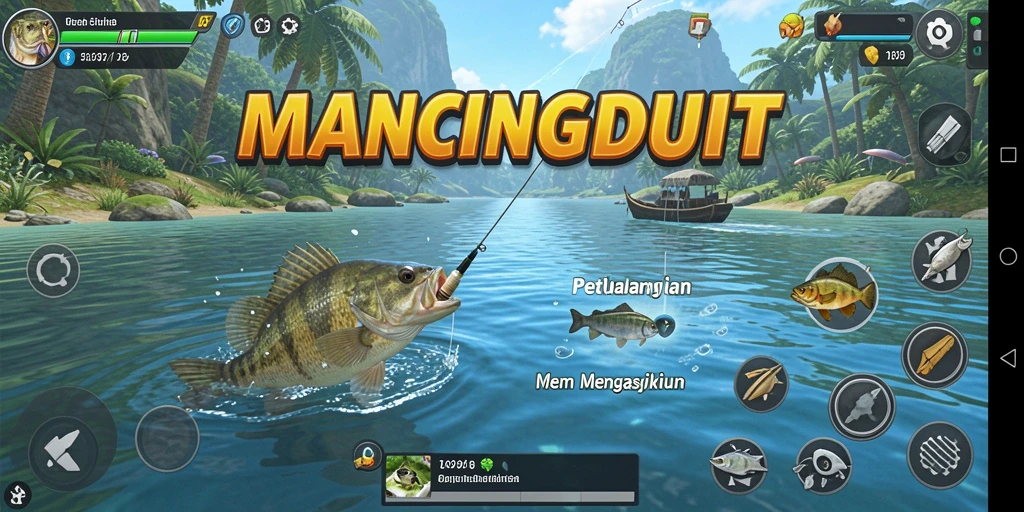 Screenshot gameplay MANCINGDUIT yang menampilkan aksi memancing seru.
