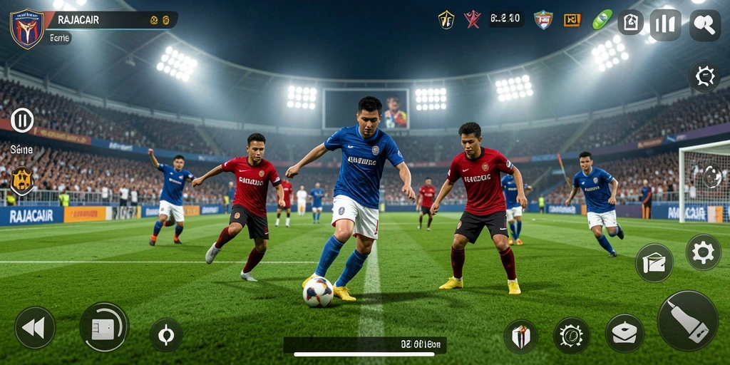 Tampilan dalam permainan RAJACAIR dengan aksi sepak bola yang seru.