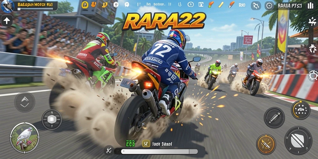 Screenshot gameplay RARA22 dengan balapan motor yang penuh aksi.