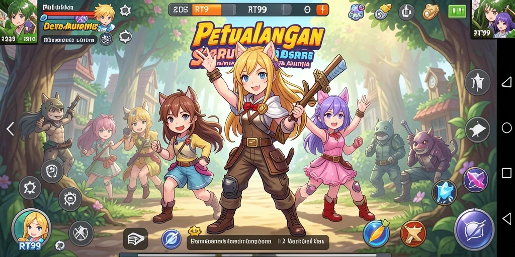 Screenshot gameplay RT99 yang menunjukkan pertempuran seru dalam dunia Anime.
